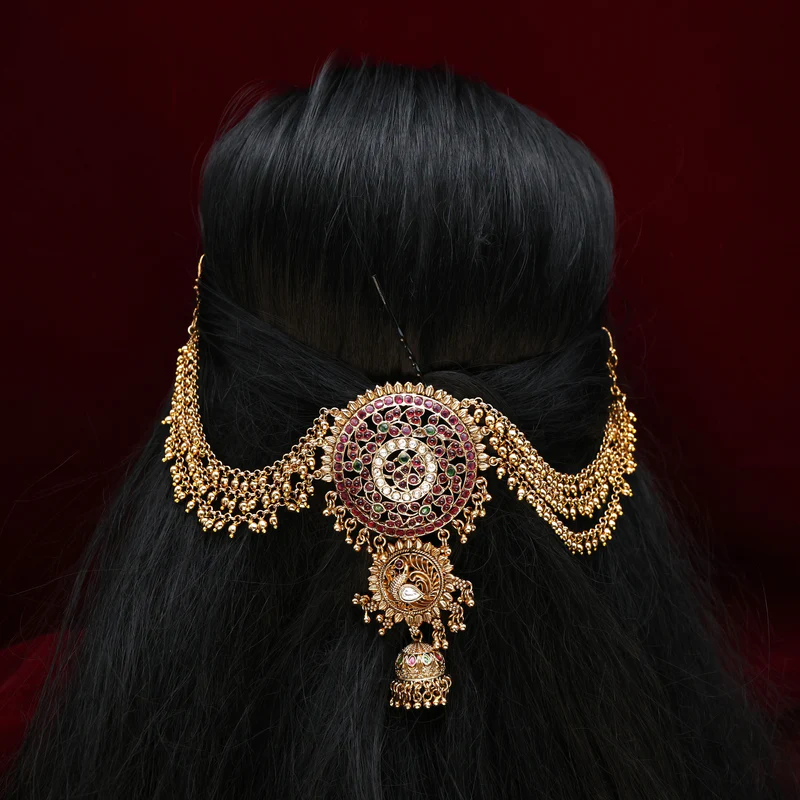 Premium Antique Gold Nagas AD Kemp Mayil Chakram Short Bridal Choti